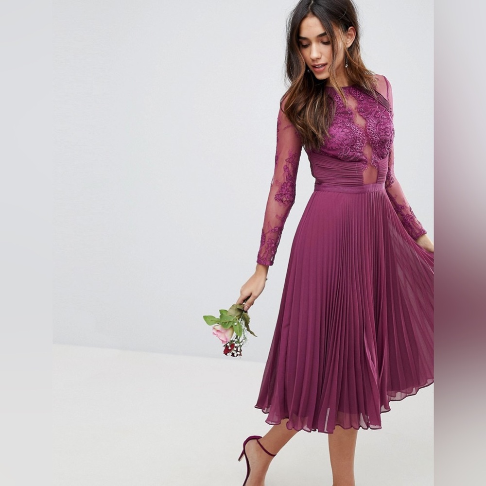 ASOS Midi Dress with Lace Sleeves and Eyelash Lace